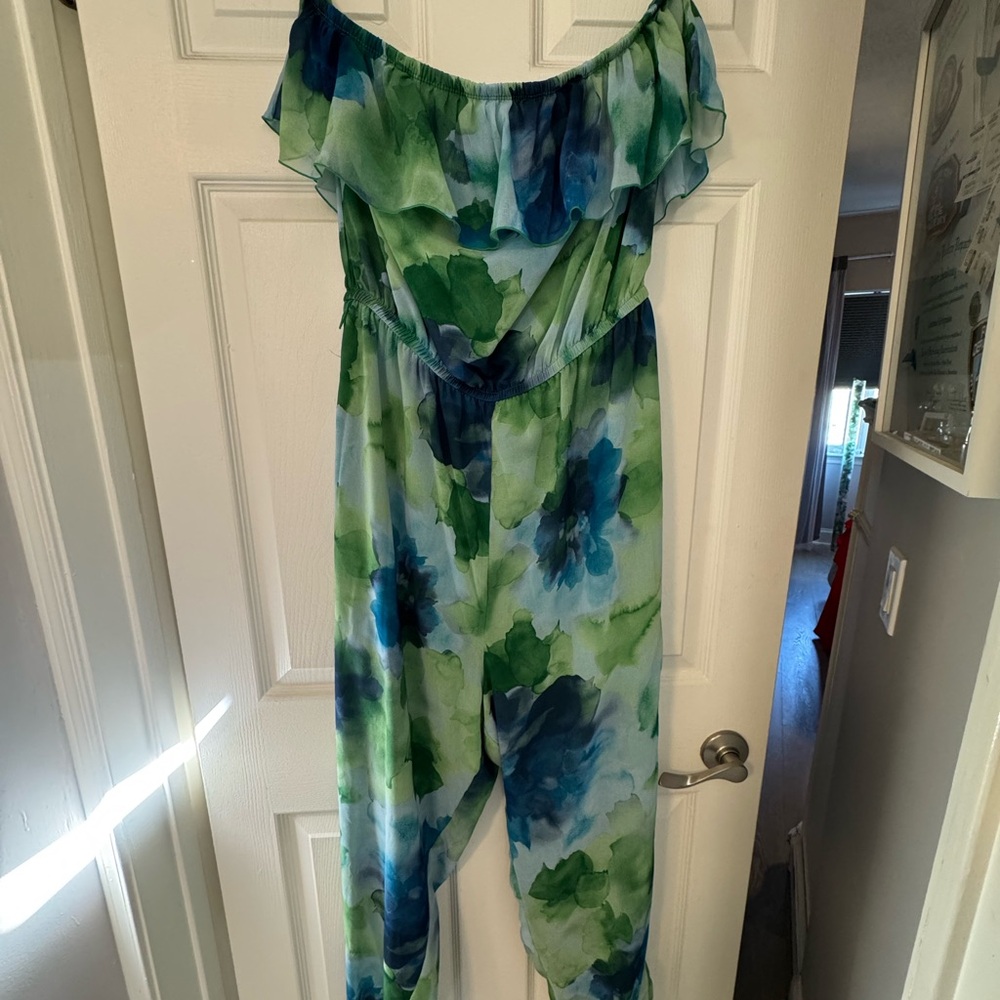 Floral Strapless Jumpsuit - Blue and Green